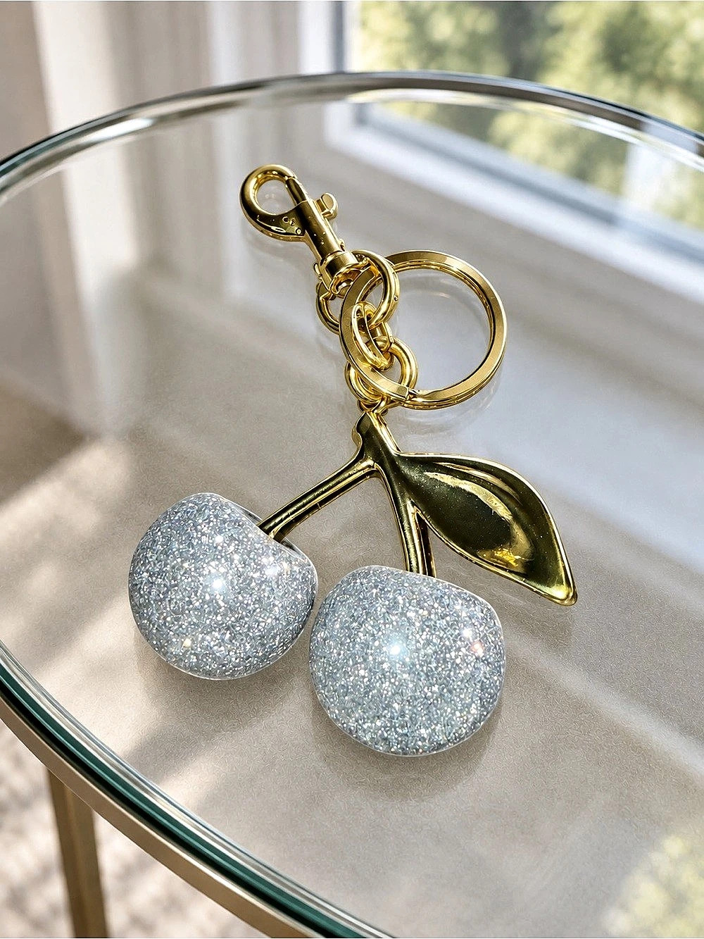 Glitter Cherry Keychain in Silver & Gold